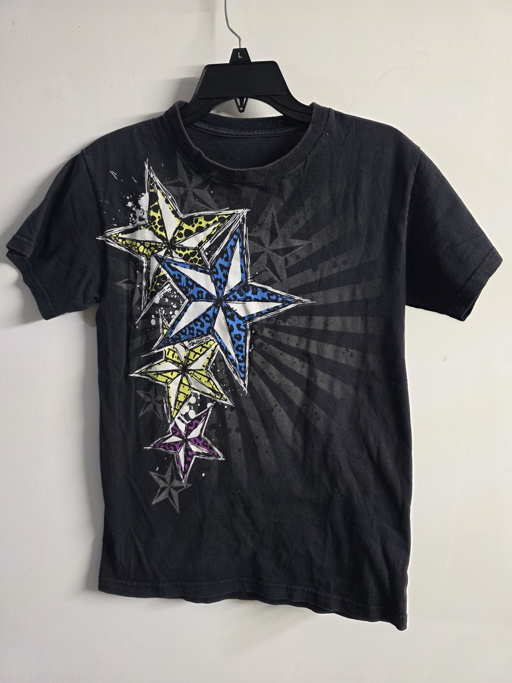 Y2K Black Graphic Star Print Tee Shirt Size Small